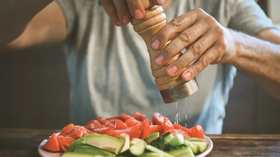 Man eating vegetables fruits salt