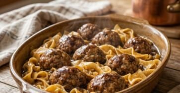 Slow Cooker Meatballs and Egg Noodles in Rich Brown Gravy 768x960